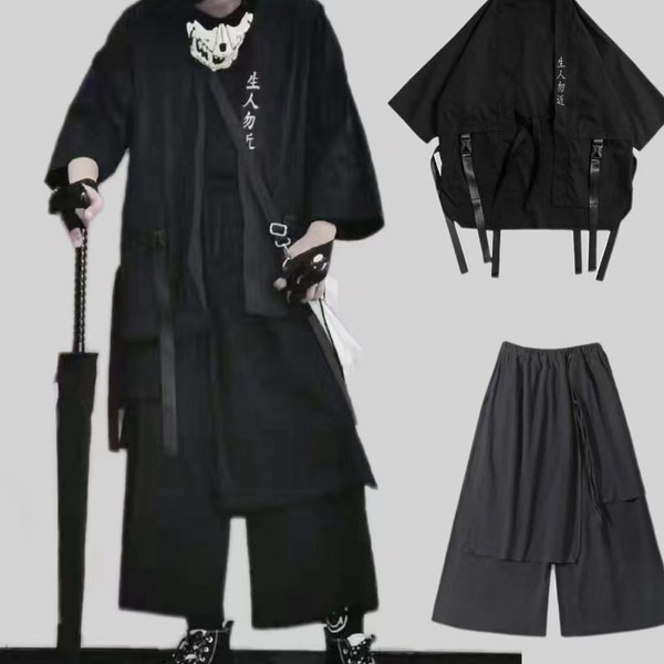 Dark ninja style shirt | thin functional style shirt | Yamamoto Yaosi style loose skirt pants | black  wide leg pant|High street