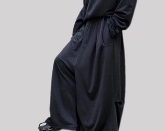 Unisex black culottes | Flare wide leg pants | Yamamoto style wide leg pants | Soft back waist pants | West Coast style pants | Punk style