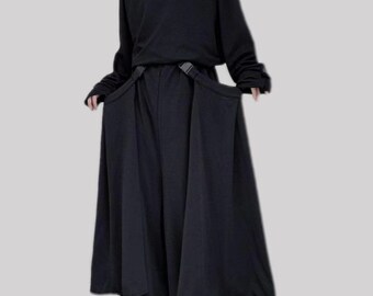 Unisex Black  culottes|Yamamoto style wide leg pants |Dark patchwork wide leg pants|cool soft harem pant