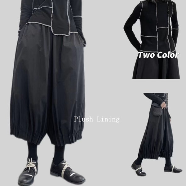 Bloomer taille haute | Pantalon d'automne et d'hiver plissé chaud et épaissi noir | Pantalon bourgeon | Culotte ample | Haut ajusté de qualité avant