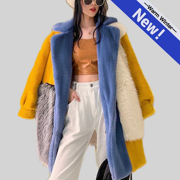 Manteau en fausse fourrure Color Block | Manteau en fausse fourrure multicolore | Manteau exclusif | Manteau coloré|Trench Coat Fluffy Overcoat Top