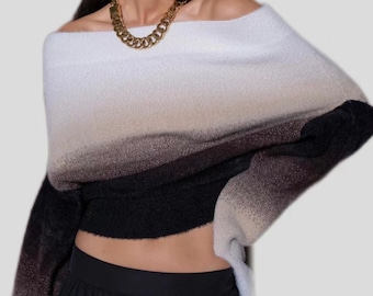 Unisex Balck Gradient  Artificial Mink Sweater |off shoulder knitted top| gradient pullover sweater|crop top |Two ways to wear