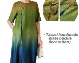 Wolkengarnkleid aus Seide| blau-grüner Farbverlauf Modifizierter Cheongsam Rock |loose Qipao Kleid| Chinesischer Frosch Knopfelement