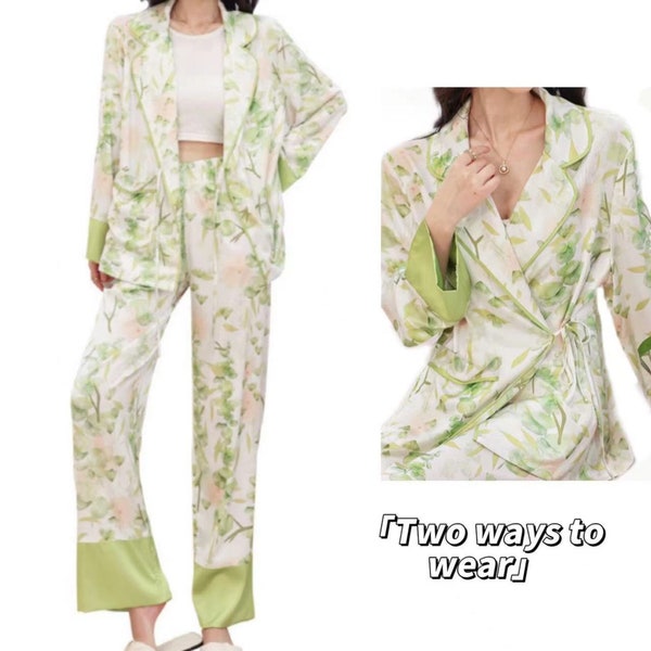 Imitation silk floral print pajama suit | Lace-up long-sleeved home wear |  tailored collar Loungewear |Modified chinese homewear