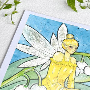 Elfe au muguet. Impression d'art d'une peinture originale peinte à l'aquarelle, marque-page, carte postale, affiche, fleurs, fantaisie, créatures mythiques