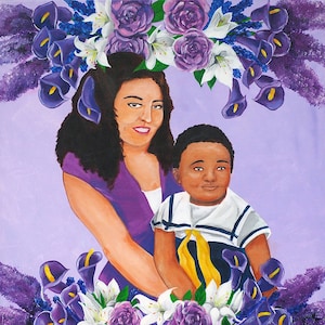 Mère et enfant - Amoureux du violet, tirage d'art d'un tableau original peint à l'acrylique, marque-page, carte postale, affiche, amour maternel, maman