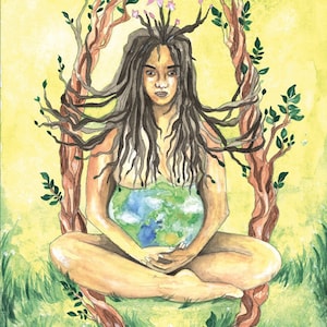 Lesezeichen, Postkarte, Poster, Kunstdruck eines Original Gemäldes mit Aquarell gemalt, „Schwangerschafts-Göttin Erde", Mutter Erde, Baby