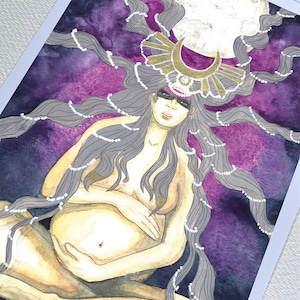 Schwangerschafts-Göttin Mond, Kunstdruck eines Original Gemäldes mit Aquarell gemalt, Lesezeichen, Postkarte, Poster, Maternity, Baby-Bauch