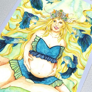 Schwangerschafts-Göttin Sternzeichen Fische. Kunstdruck eines Aquarell Original Gemäldes, Lesezeichen, Postkarte, Poster, Maternity, Yoga