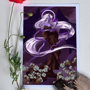 Angelo Nisha, stampa artistica, disegno digitale con ProCreate, stampa artistica, segnalibro, cartolina, poster, angelo, viola, cotone, nuvole