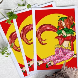 Strawberry Woman, impression d'art, marque-page, carte postale, affiche, dessin numérique avec ProCreate, Strawberry Lady, insolite, fruit, rouge, fruits