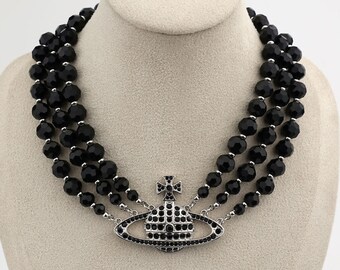 VIVIENNE WESTWOOD Black Agate Pearl Three Strand Necklace Orb Accessory