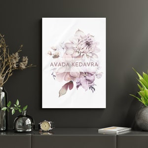 May include: A watercolor painting of a bouquet of pink and purple flowers with the text "AVADA KEDAVRA" in the center.