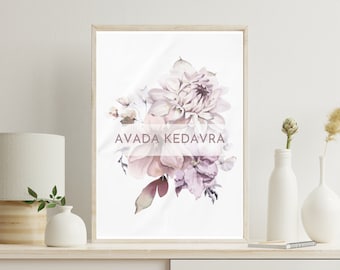 May include: A framed print of a watercolor painting of a bouquet of pink and purple flowers. The text "AVADA KEDAVRA" is printed in a pink font on the print.