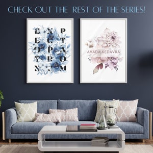 May include: Two framed prints, one with a floral design in shades of pink and purple with the text "Avada Kedavra" and the other with a blue floral design with the text "EXPECTO PATRONUM" in black.