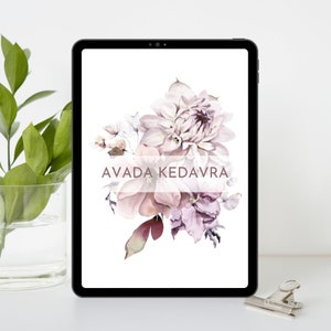 May include: A digital tablet screen displaying a watercolor painting of a bouquet of pink and purple flowers with the text "AVADA KEDAVRA" in the center.