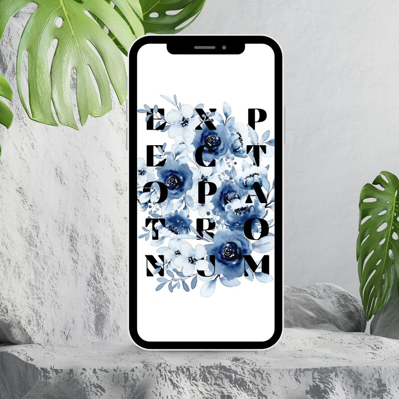 May include: A smartphone mockup with a white background and a blue floral design. The design features the word "EXPECTATION" spelled out in black letters.