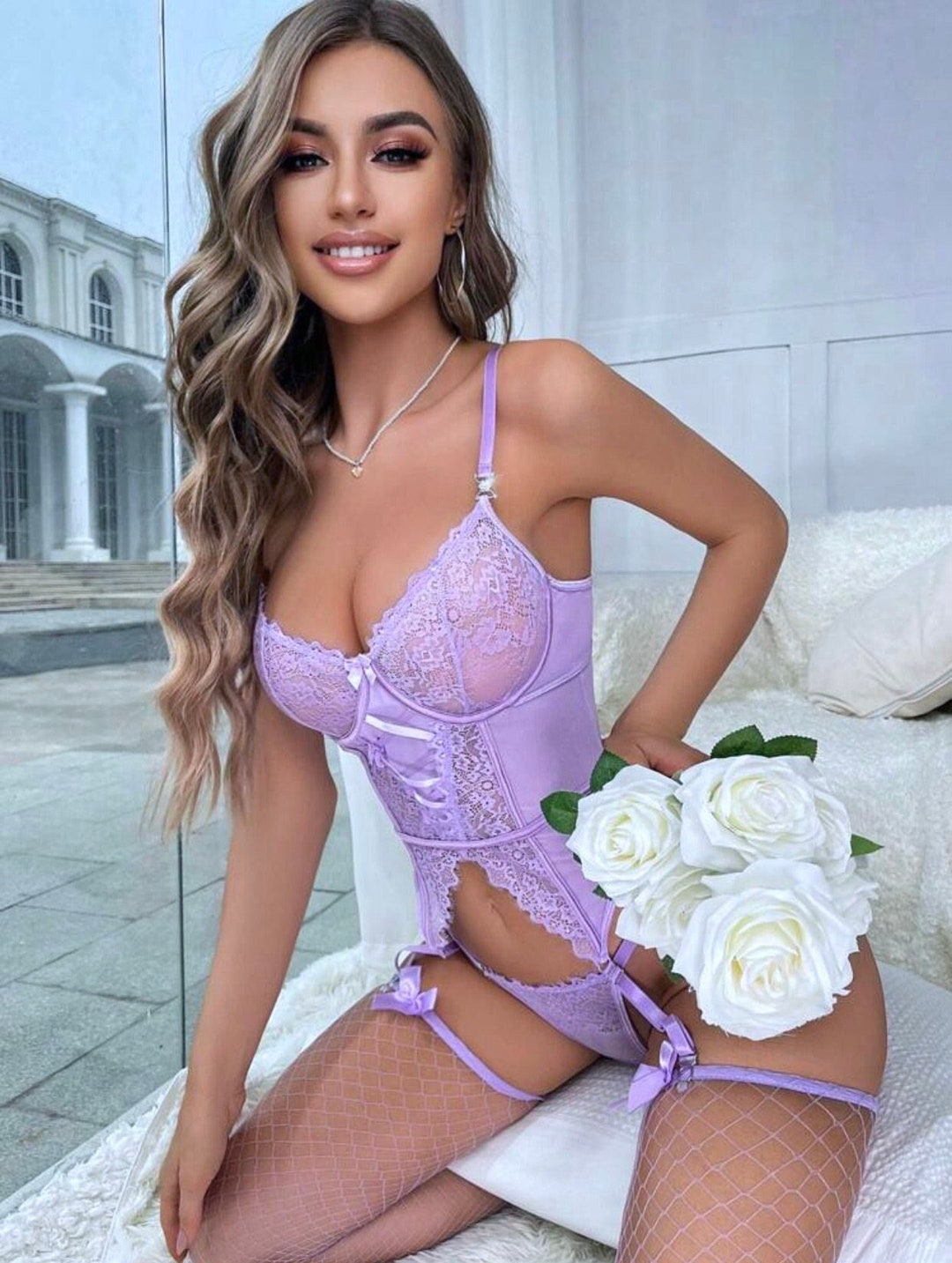 Sexy White Lace Ruffles Bodysuit with Stockings Lingerie Set main image 0