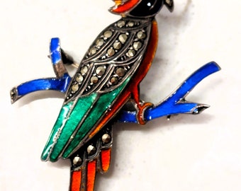 Vintage Sterling Silber Brosche, die einen Vogel auf einem Ast darstellt