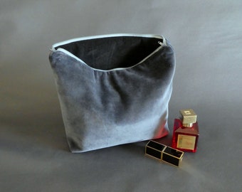 Gray Velvet Large Cosmetic Bag with Zipper, Elegant Women&#39;s Makeup Organizer in various colors Pink Burgundy Blue Green black Mint brown