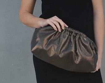 Bronze genuine Metallic leather dumpling cloud clutch ready to ship, Large metallized lambskin cloud bag, Oversized puffball handbag purse