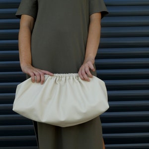Cream white color genuine leather dumpling cloud clutch, Strong leather bag, Handmade puffball retro purse for women