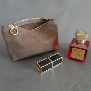 Neceser pequeño de piel de ante nobuk para mujer, marrón, rojo, cereza, camello, gris, neceser de piel auténtica para ella, mini organizador de viaje
