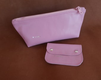 Juego de 2: bolsa de maquillaje pequeña y mini billetera, estuche cosmético de cuero genuino de color rosa personalizado, lindos accesorios y bolsa para monedero