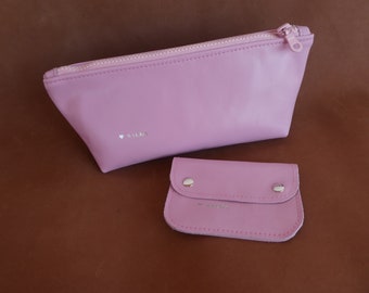 Set di 2: piccola custodia per trucchi e mini portafoglio, custodia per cosmetici personalizzata in vera pelle di colore rosa, accessori carini e custodia portamonete