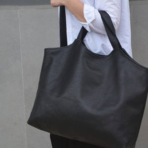 Maxi Leather Shopping Handbag, Black Genuine Leather Tote Bag for Women, Oversized Minimalist, Large Shopper Tote