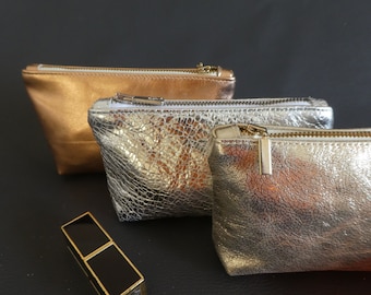 Metallic genuine leather small cosmetic bag for women, Leather cosmetic pouch for her, Mini travel organizer, Gold Silver Rose gold color