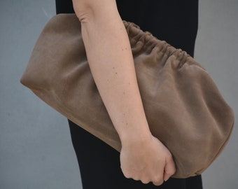 Handmade Suede Leather Cloud Clutch: Large Brown Retro Purse