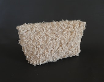 Curly boucle fabric cute makeup case in ivory brown or black color, plush cosmetic bag for girls, teddy fabric pouch