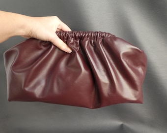 Handmade Burgundy Leather Dumpling Clutch: Oversized Retro Purse