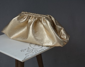 Gold genuine Metallic leather dumpling cloud clutch ready to ship, Large metallized lambskin cloud bag, Oversized puffball handbag purse