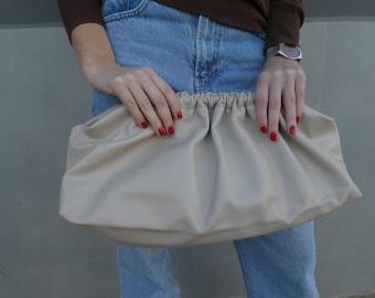 Handcrafted Beige Leather Clutch: Oversized Dumpling Puffball Bag