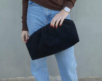 Handmade Navy Suede Leather Dumpling Clutch: Retro Puffball Purse