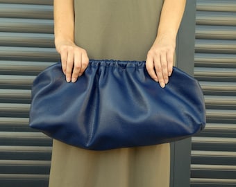 Blue Leather Clutch: Handmade Oversized Puffball Bag