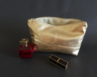 Borsa da toilette in vera pelle oro metallizzato, custodia cosmetica in pelle metallizzata per lei, borsa per trucco organizzatore da viaggio con cerniera per donna