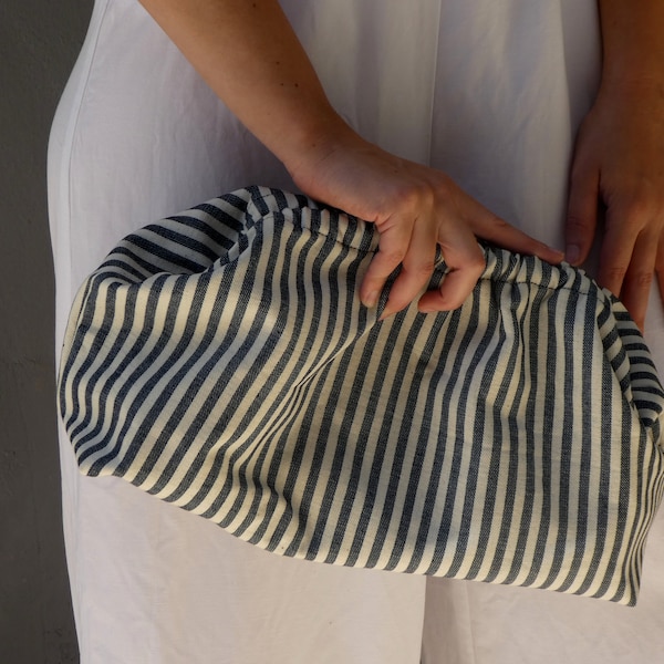 White black striped cloud handbag clutch, Cotton Dumpling bag in green stripes, Oversized hobo bag, Large retro purse, Large plush bag