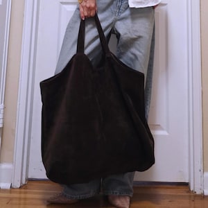 Maxi choccolate brown suede Shopping Handbag, Black Genuine Leather Tote Bag for Women, Oversized Minimalist, Large Shopper Tote