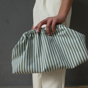Striped summer cloud clutch, Cotton Dumpling bag in green or black stripes, Oversized trendy handbag, Large retro purse, Large plush bag