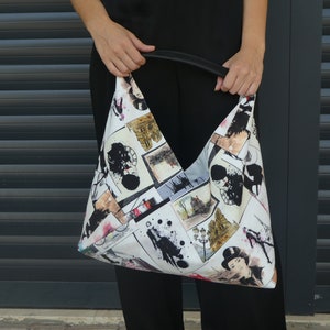 Pop Art gedruckte japanische Origami Tasche, Große moderne Handtasche, Tote bag für Frauen, Schultertasche für jeden Tag, Strand Pooltasche in weiß schwarz