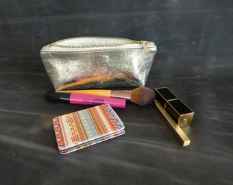 Gold Leather Cosmetic Bag: Personalized Mini Makeup Pouch