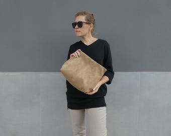 Chic Leather Clutch: Oversized Retro purse Bag, Handcrafted for Women - Black Genuine Leather or Beige suede