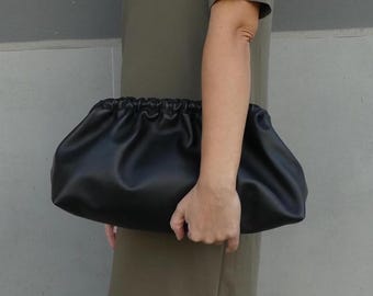 Black smooth leather Cloudy Chic Leather Clutch: Oversized Dumpling Retro Puffball Bag, Handcrafted for Women - Genuine strong Leather