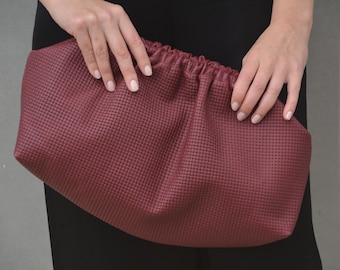 Burgundy woven genuine leather dumpling cloud clutch, Strong braided leather bag, Handmade large puffball retro purse, Ultimate Gift for Her