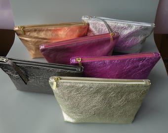 Metallic Bronze Leather Toiletry Bag: Travel Makeup Pouch