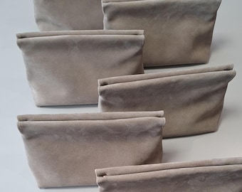 Suede Frame Clutch Bag, Minimalist Leather Evening Purse, Neutral Beige Fold Over Handbag, Handmade Gift for Her
