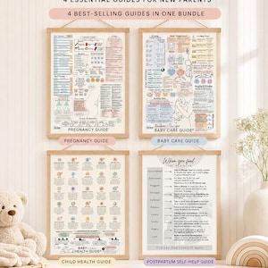 May include: The Everything Bundle includes four educational posters for new parents: Pregnancy Guide, Baby Care Guide, Child Health Guide, and Postpartum Self-Help Guide. Each poster is displayed in a wooden hanging frame with detailed text and illustrations.